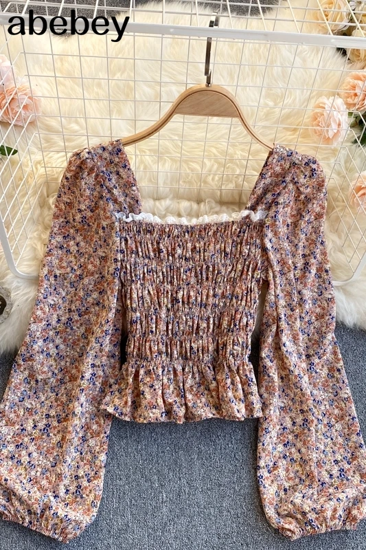 

Women Chiffon Ruched Blouse Spring Square Collar Ruffle Puff Sleeve Elastic Tops Korean Floral Print Short Blouses