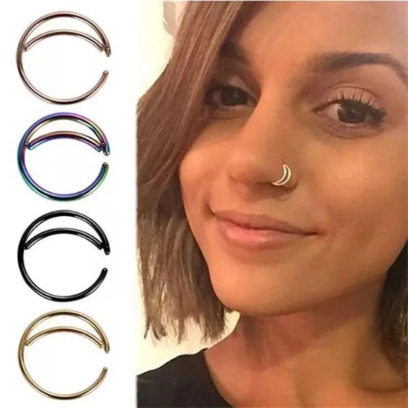 5pcs Septum Femme Tongue lip Rings Stainless Steel Moon Clip On Nose Cuff Fake Piercing Ring Body Jewelry For Women Non-Pierced