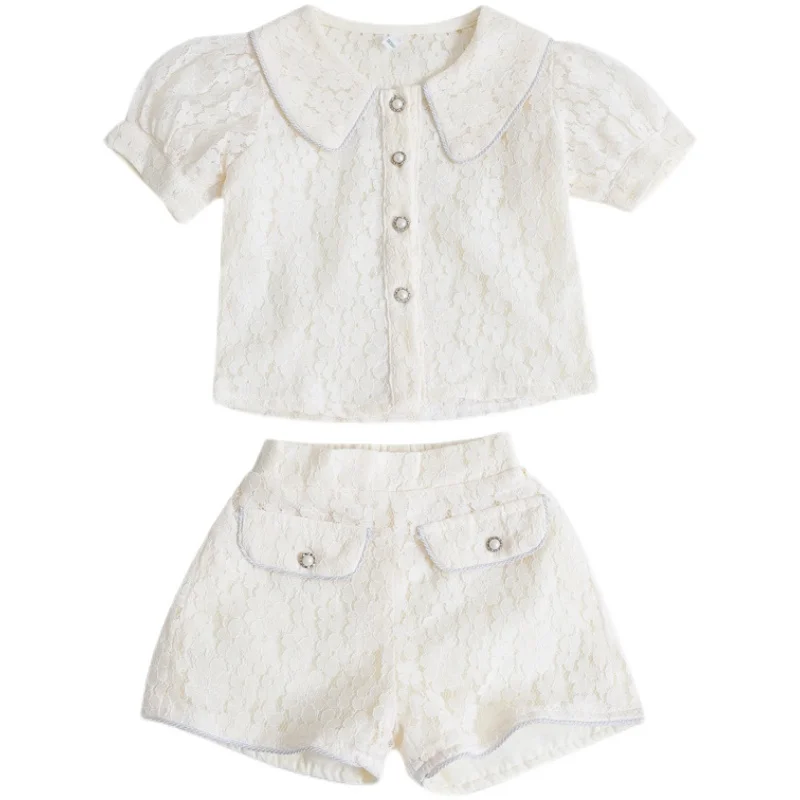 

kids baby girl summer short sleeve flower lace tops blouses single-breasted shorts pants toddler children clothes sets 2pcs 2-8Y