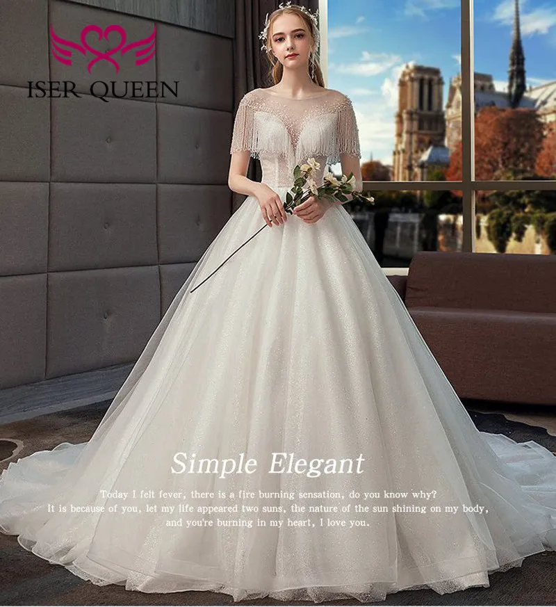 

Sheer Neck Beading Tassel Sleeves Luxury Wedding Dress Europe Fashion Princess Wedding Dresses Ivory Champagne WX0072