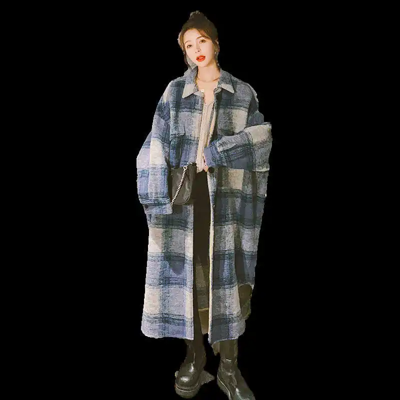 

LANMREM Korean Style Blue Plaid Single-breasted All-match Long Warm New Fashion Autumn Straight Woolen Coat For Female 2A1579