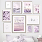 Скандинавский настенный постер с фиолетовыми цветами на пляже, минималистическое искусство, скандинавский пейзаж, холщовая живопись, декор для комнаты в эстетике