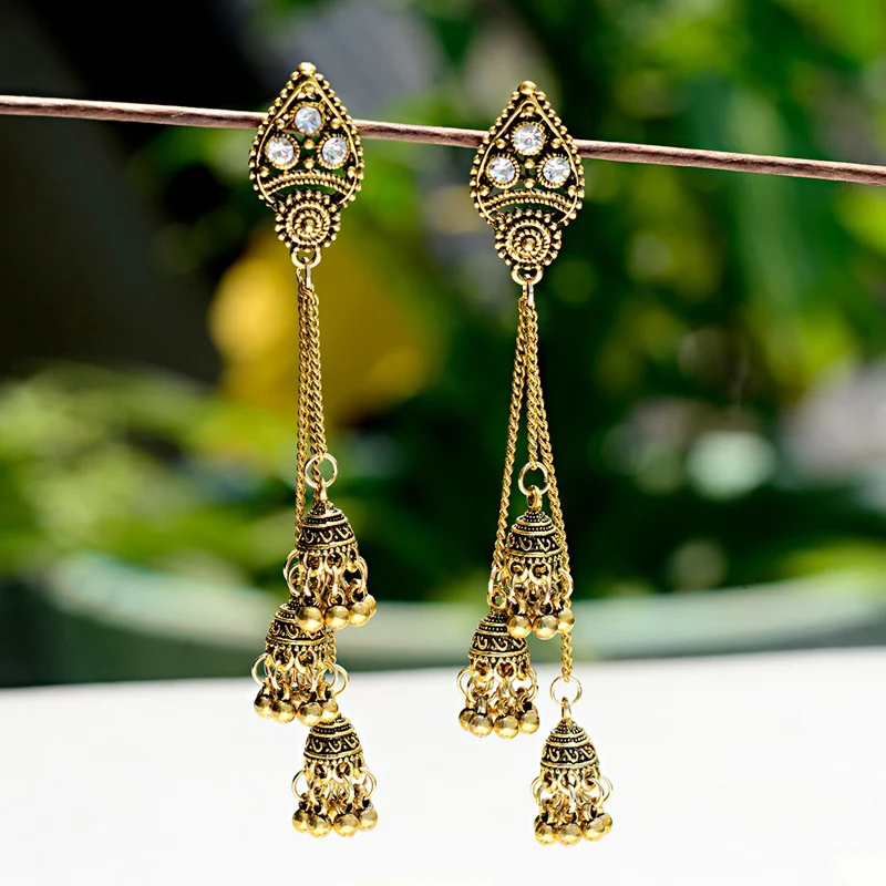 CARTER LISA этнические антикварные длинные золотые Jhumkas цыганские колокольчики Бохо