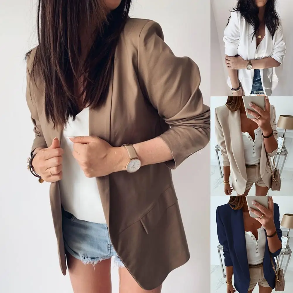 

Casual Blazer Feminino Women Basic Notched Collar Solid Blazer Pockets Chic Tops Office Ladies Retro Single Button Suit Jackets