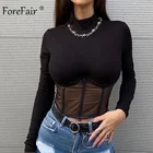 Сексуальные женские футболки Forefair в стиле пэчворк, сетчатая водолазка черного цвета, зима 2020, облегающая вязаная Клубная одежда, стильные женские укороченные топы, рубашка