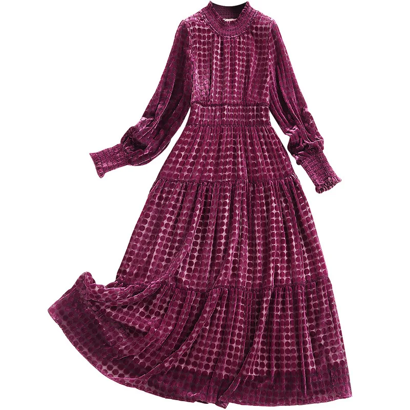 

2020 Fall Fashion Flocking Skirt Office Lady Nipped Waist Spring Clothing Stand Collar Lantern Sleeve Long Dress Women