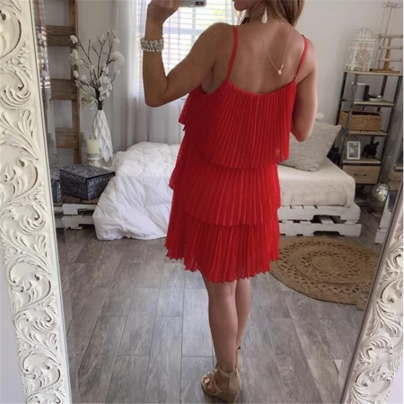 Женское мини платье на бретельках Fuedage красное шифоновое с рюшами и открытой