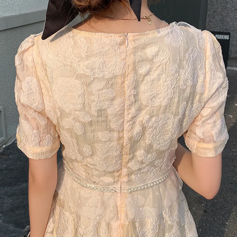 

Chiffon Vintage Women Summer Dress 2021 New French Beading Casual Sweet Elegant Robe Mesh Patchwork Short Sleeve Korean Vestidos