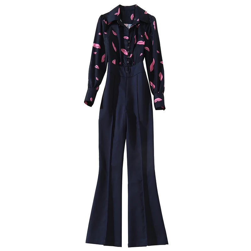 

Pink Lips Print Turn-Down Collar Long Sleeved Full Length Long Pants Plus Size Women Jumpsuits One Piece Overalls