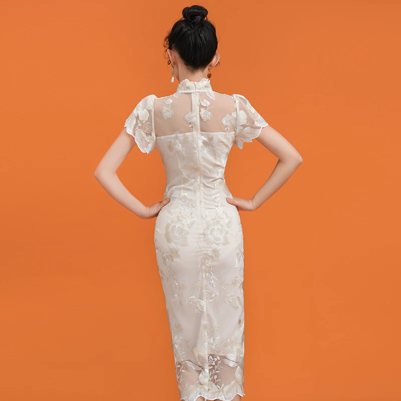 

Cheongsam Dress for Women Vintage Chinese Style Lace Embroidery Slim Plus Size Elegant Sexy Mid-long Sheath Dresses 2021 Summer