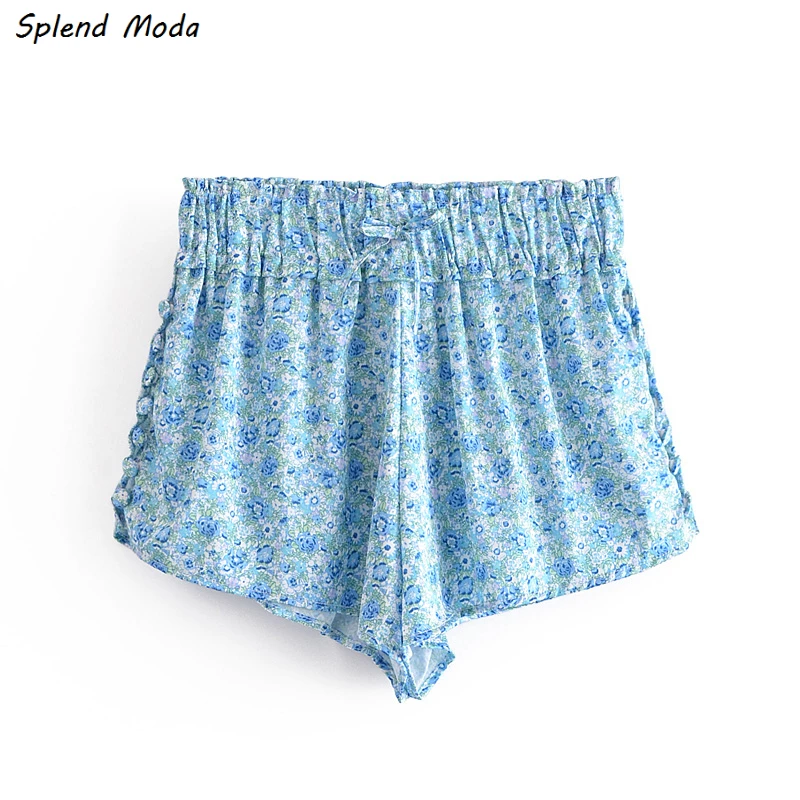 

Splend Moda Summer New Fashion Floral Print Short Pants Elastic Waist Side Button Casual Shorts 2021 Pajama Shorts Women