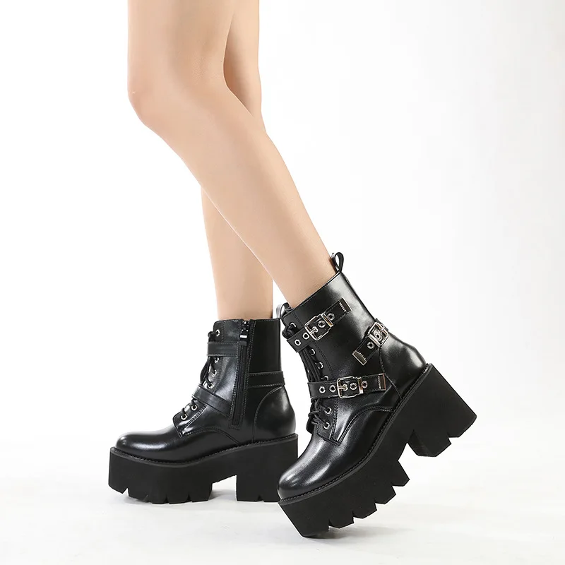 New Fashion Belt Buckle Ankle Boots Female Round Toe Thick Sole Motorcycle Boots Chunky Heel Side Zipper Women's Boots