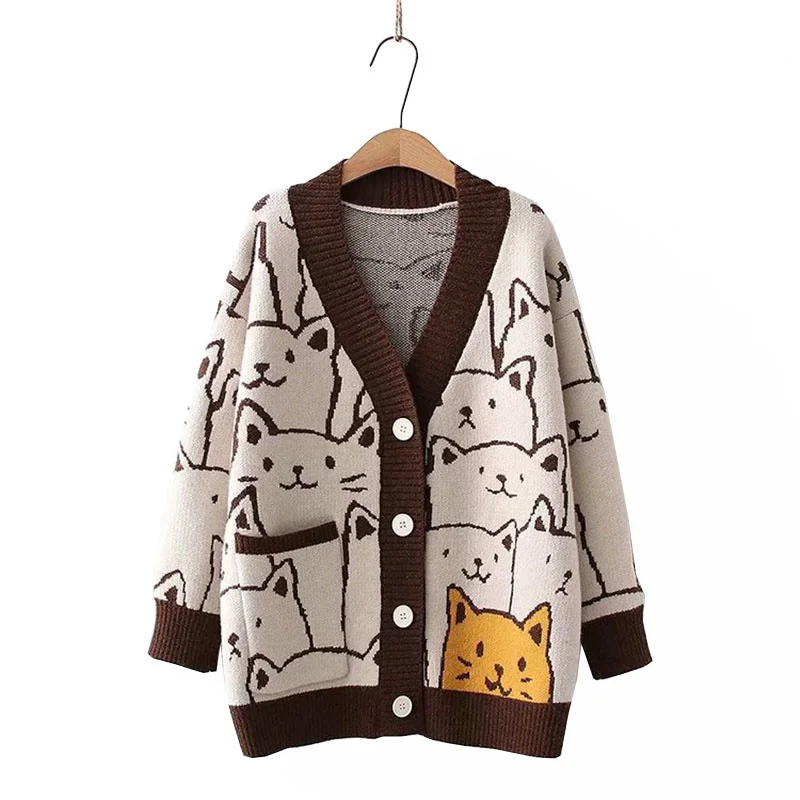 

cartoon V-neck women's Retro Cat Sweater retro fashion long sleeve knitted coat