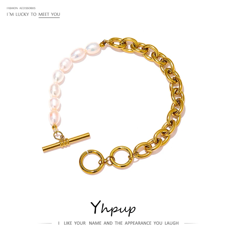 

Элегантный браслет-цепочка Yhpup с натуральным жемчугом, металлический браслет высокого качества из нержавеющей стали 18 K, бижутерия для