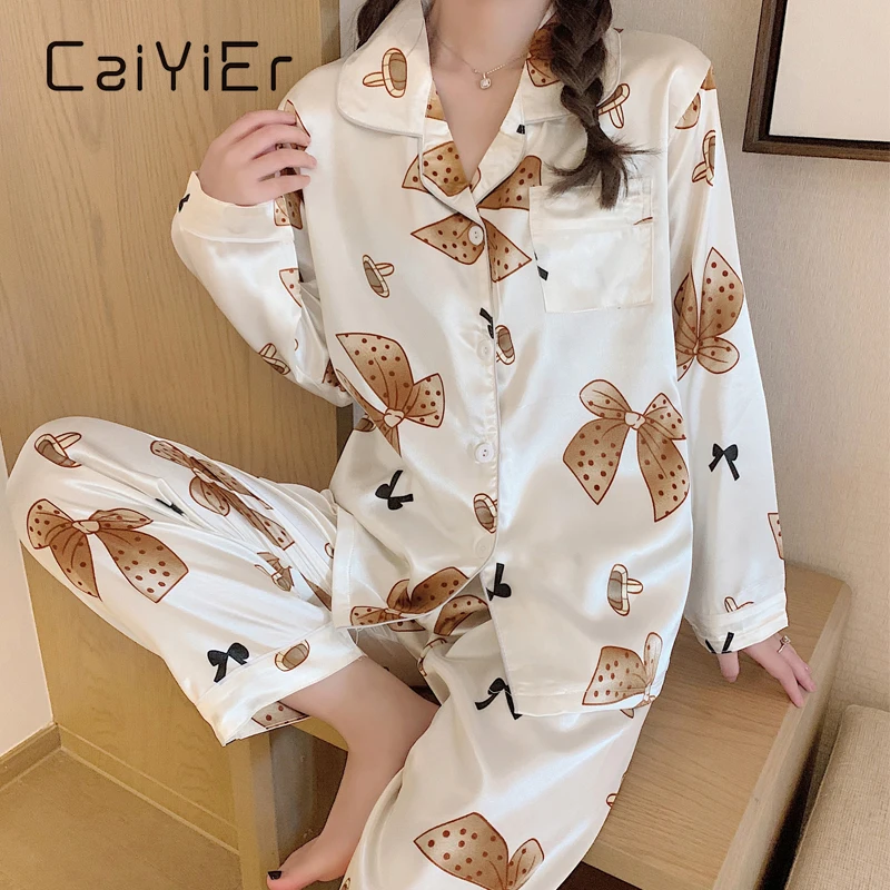 

CAIYIER Silk Pajamas Set For Women Soft Lingerie Sexy Nightwear Autumn Winter Long Sleeve Sleepwear Leopard Grain Ladie Homewear