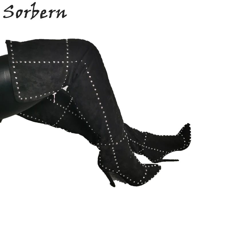 Женские ботинки на высоком каблуке шпильке с заклепками|Ботфорты| |