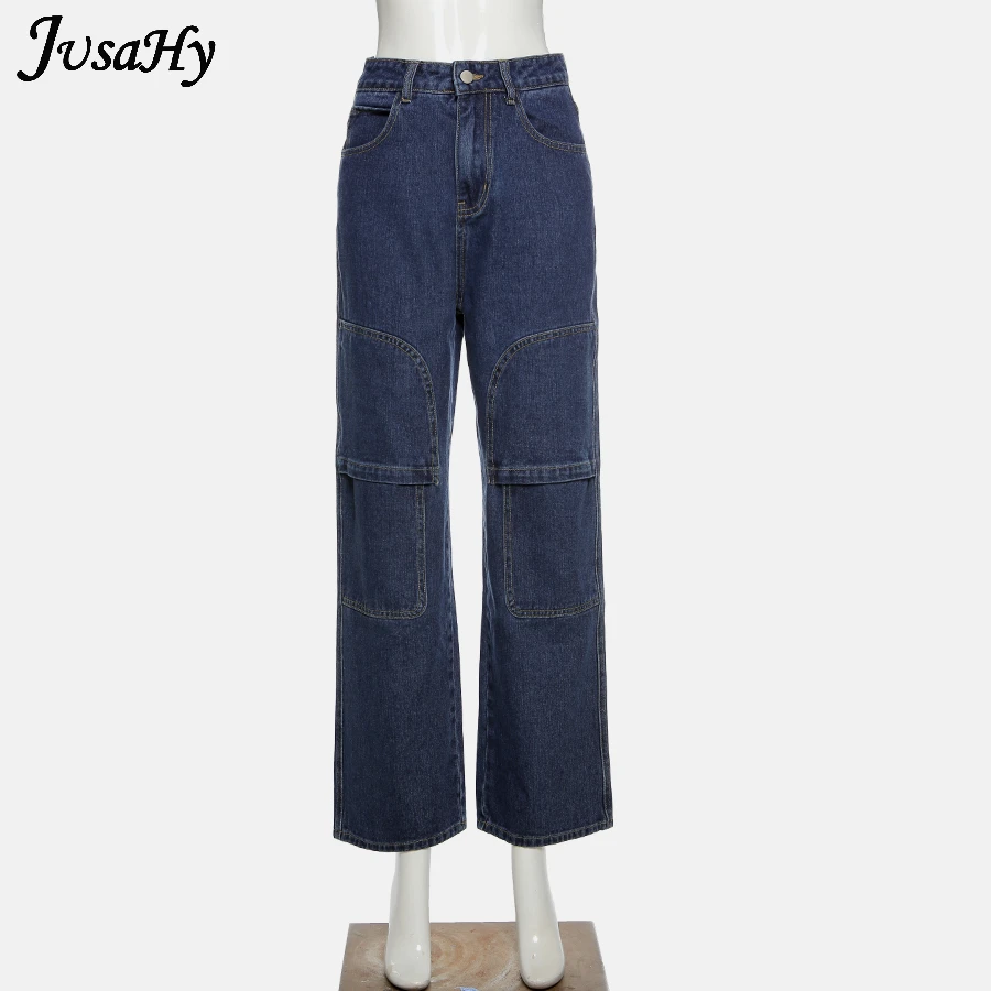 

Jusahy Street Tooling Low Waist Wide-leg Jeans for Women Denim Baggy Pants With Pockets 2021 Spring Autumn Fashion Trousers