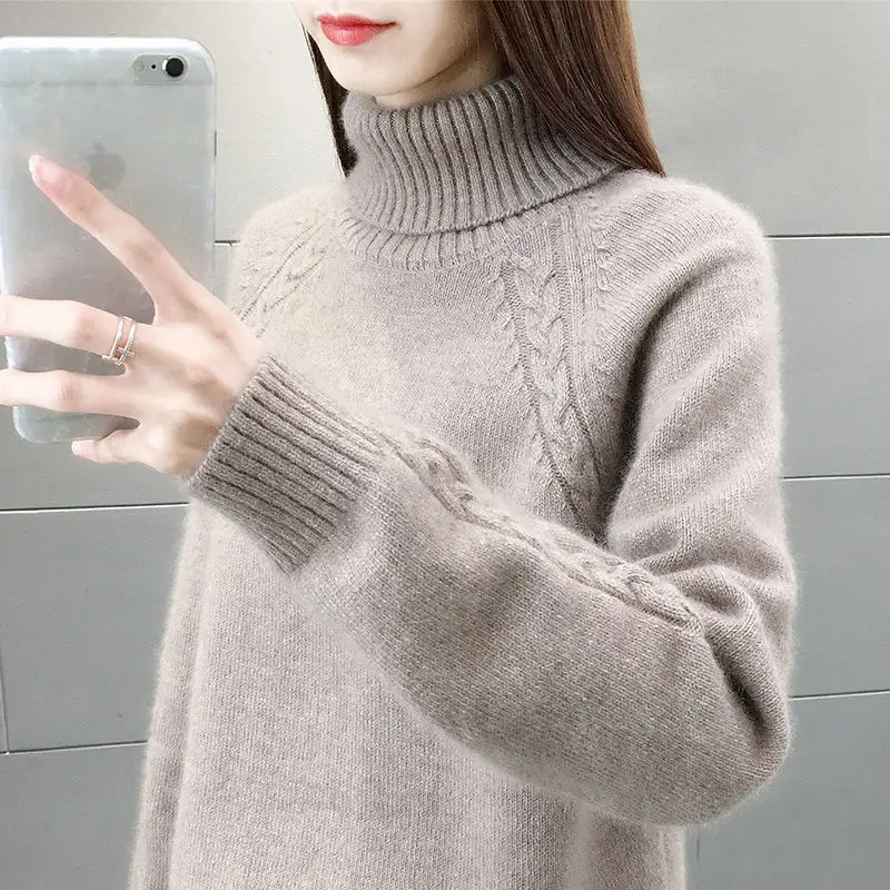 

Women 2021 Autumn Winter New Turtleneck Loose Jumpers Female Solid Color Knitted Tops Ladies Warm Sweater Pullover Tops Y764