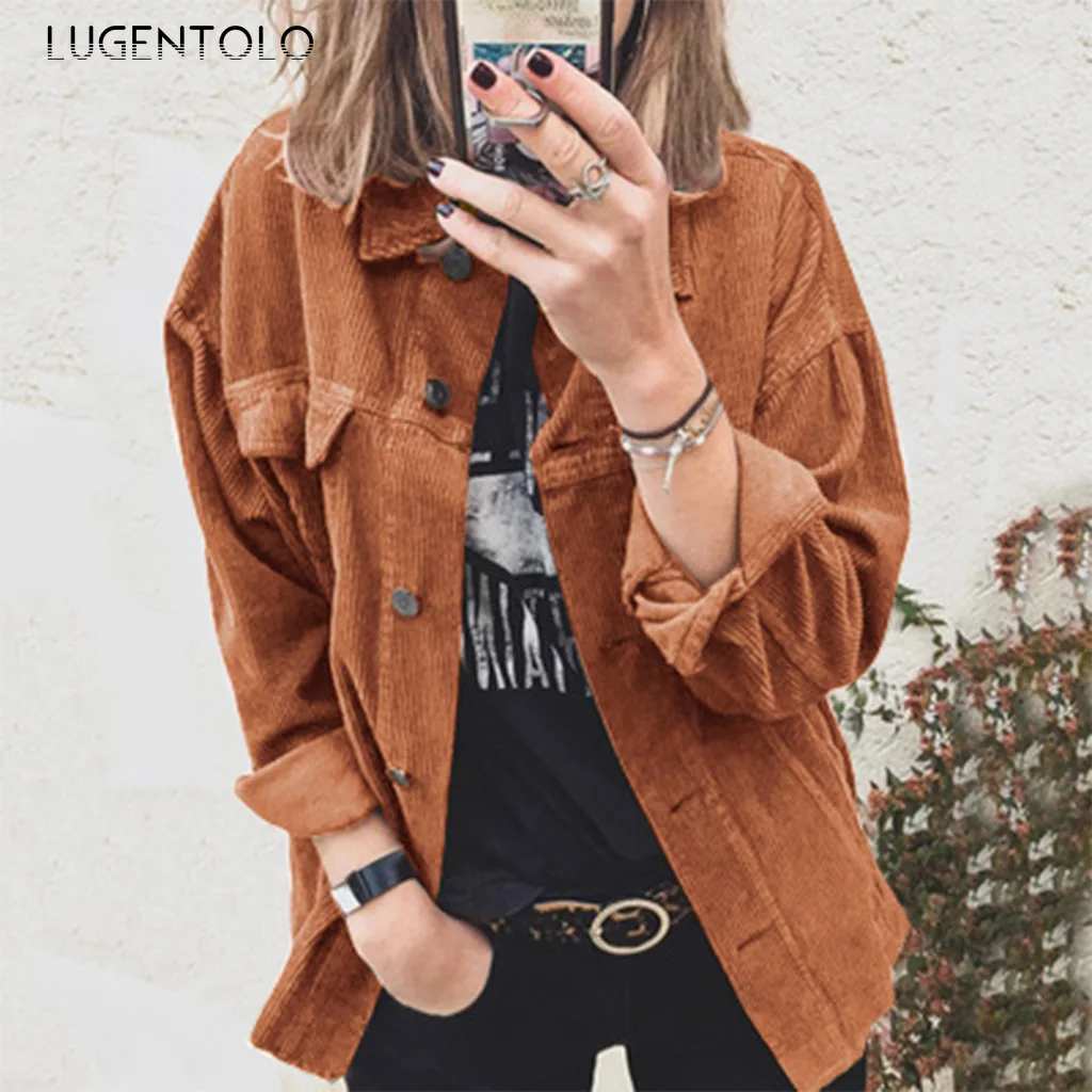 

Corduroy Shirt Women Autumn Lapel Long Sleeve Solid Loose Top Female Casual Single-breasted Street Shirts Lugentolo