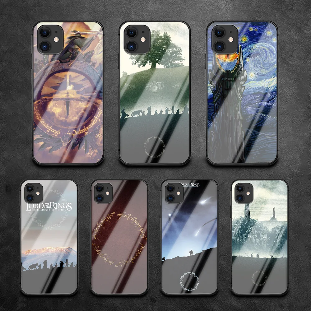 

Ring Phone Tempered Glass Case Cover For IPhone 6 6S 7 8 11 12 X Xr Xs Se 2020 Pro Max Plus Mini Black Fashion Shell Painting