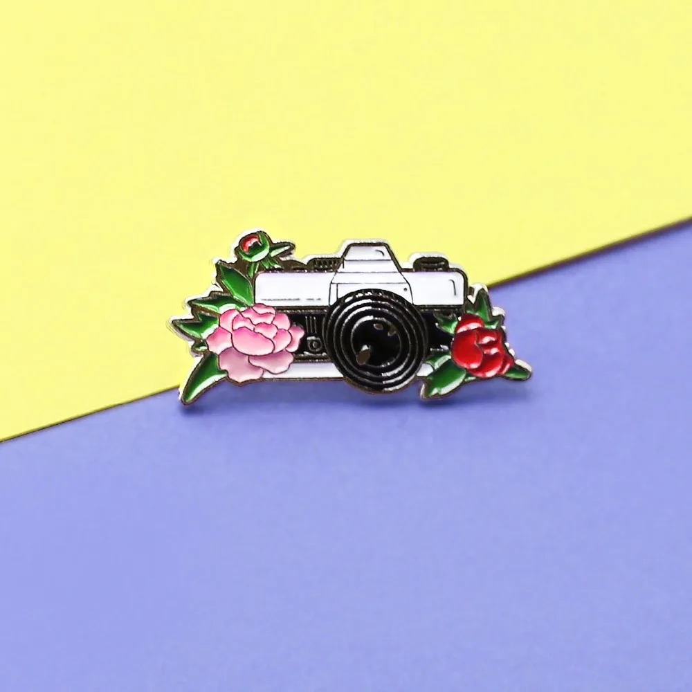 

Vintage Camera Enamel Pin Mountain Forest Flower leaf Adventure Enamel Pins Button Badge Travel Brooch Women Men Outdoorsy Gifts