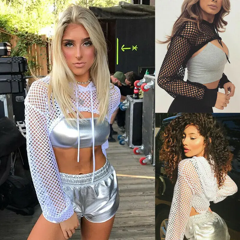 Модные женские прозрачные сетчатые топы с капюшоном длинные рукава рок клуб