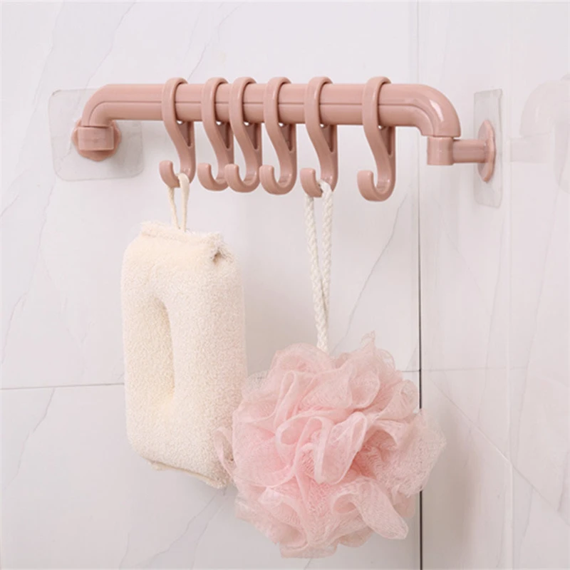 

1PC Creative Wall-Mounted 6-Row Hook Free Punching Bathroom Kitchen Rack Hooks Household Goods Bathroom Waterproof Seamless Hook