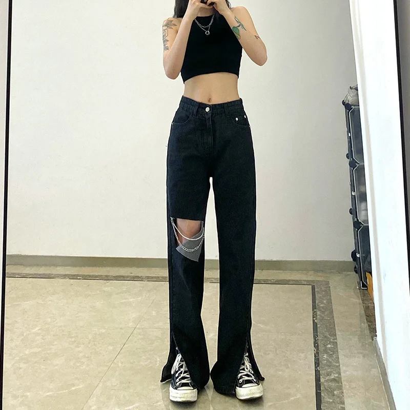 

Fafa Family Women Jeans Hip Hop Street Style Cut Chain Design Sense Cowboy Pants Women's High Waist Thin Split Pants