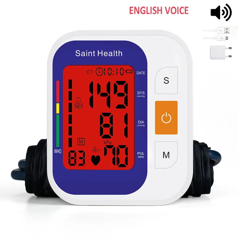 

English Voice Digital Arm Blood Pressure Meter Automatic Portable Blood Pressure Monitor Heart Rate Machine sphygmomanometer