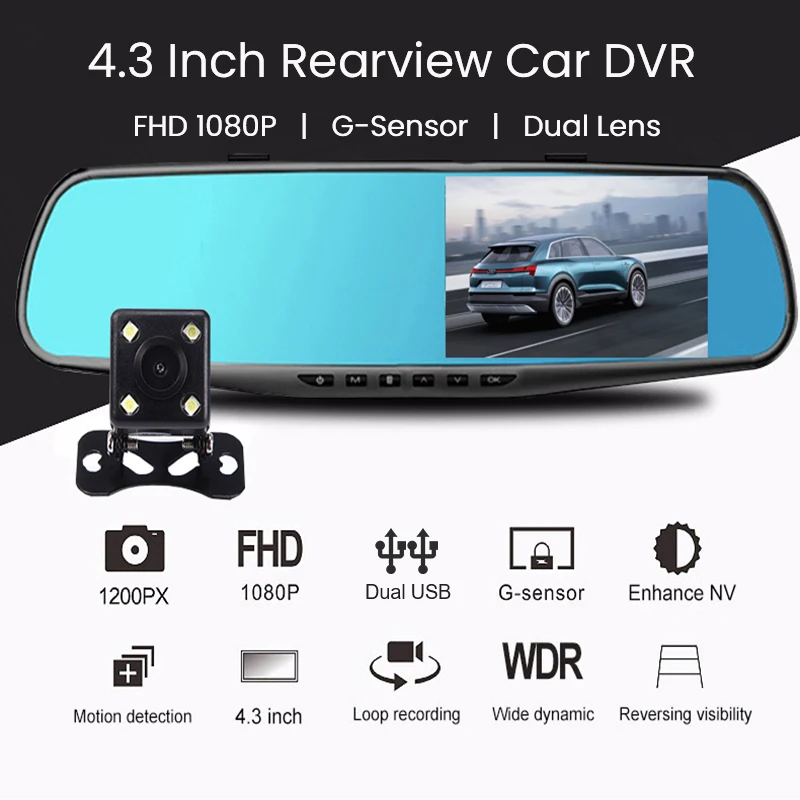 Автомобильный видеорегистратор 4 3 дюйма двойное зарядное устройство USB зеркало