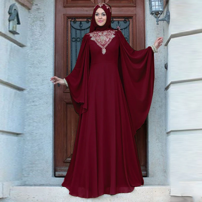

Donsignet мусульманский мусульманское платье с модным принтом элегантная абайя Дубай с рукавами «летучая мышь» шифон Абая длинное платье