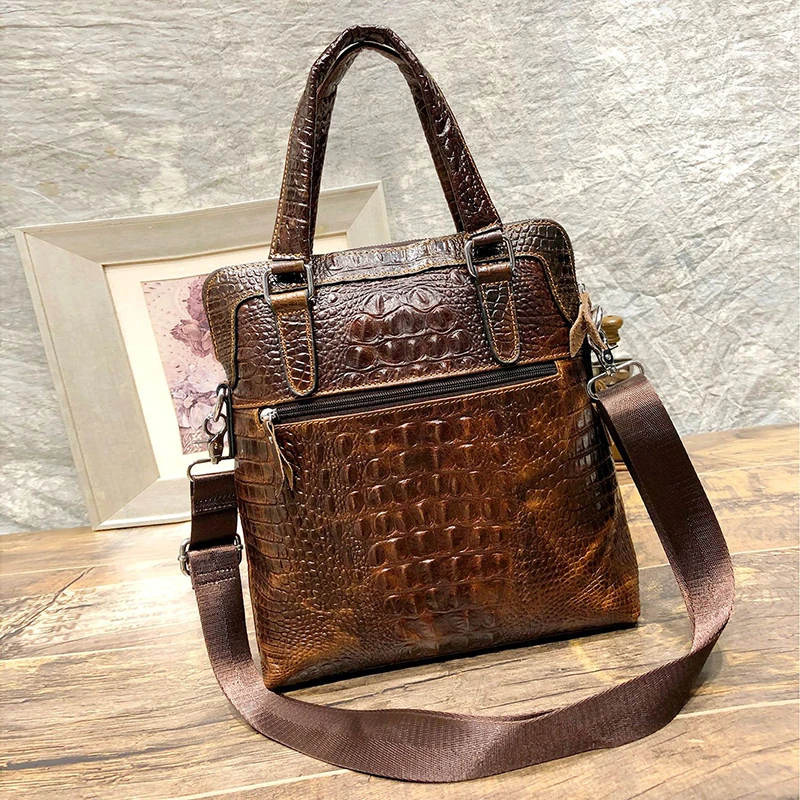 Мужской портфель из воловьей кожи с крокодиловым узором мужская деловая сумка