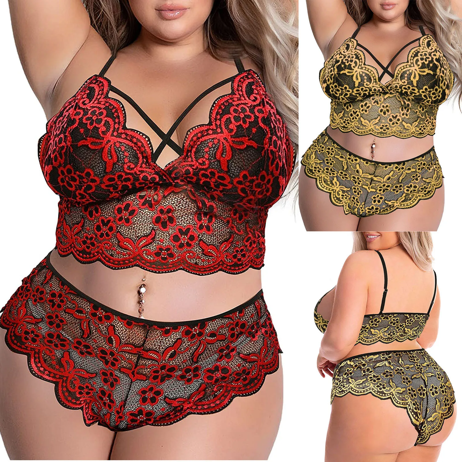 

Plus Size Lace Lingerie Set Sexy Crossed Strap Bralette Brief Sets Mid Waist Panties Underwear Women Intimates Costume 4 Xl T6