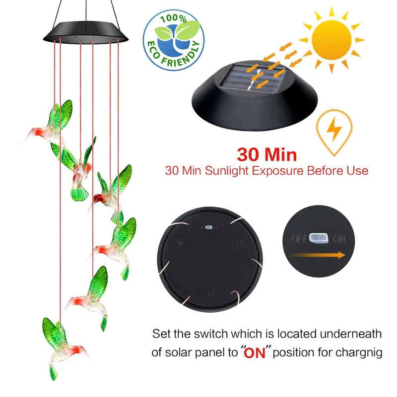 

Color Changing Solar Power Wind Chime Crystal Ball Hummingbird Butterfly Waterproof Outdoor Windchime Light for Patio Yard Garde