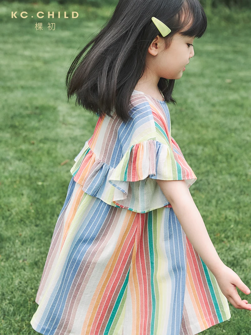 KC.Child Girl's Rainbow Dress with Ruffles Breathable Cotton Linen Fabric Kid's for Summer Age2-10Y | Детская одежда и