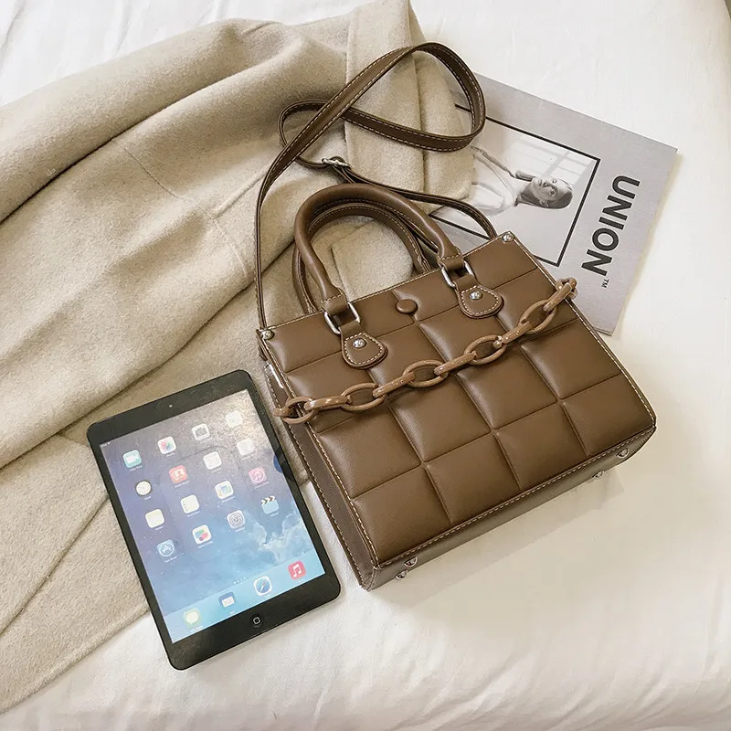 

Elegant Gray Shoulder Bags for Women 2021 New Fashion Plaid Chain Tote Bags Top-Handle Handbag Female Soft Leather Crossbody Bag