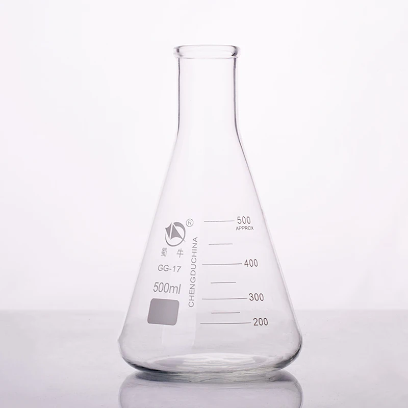 Conical flask,Narrow neck with graduations,Capacity 500ml,Erlenmeyer flask with normal neck.