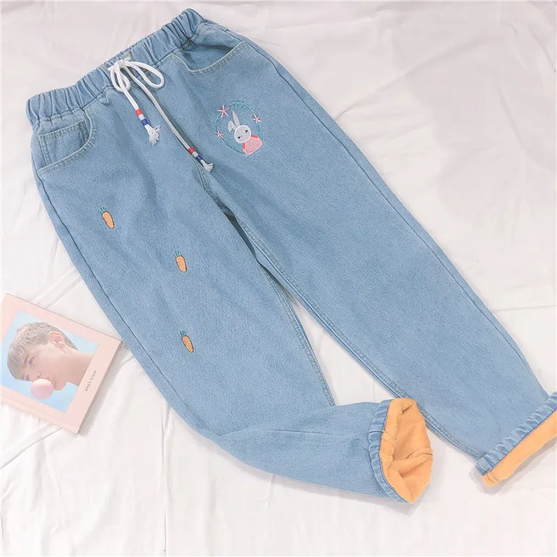 

Autumn Winter Vintag Jeans Japanese Soft sister Plus velvet Teenage heart Radish Embroidery Rabbit Embroidery Loose Casual Pants