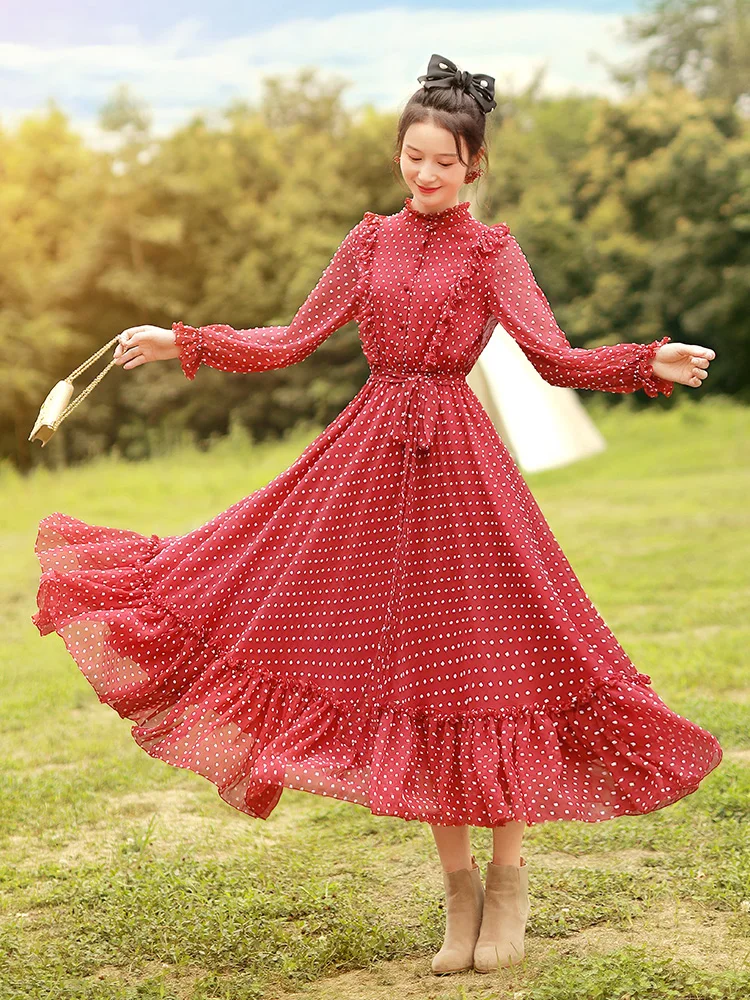 TIYIHAILEY Free Shipping Boshow Women Long Maxi Lantern Sleeve Spring S-L Chiffon Big Hem Ruffles Red Dot Dresses Bandage | Женская