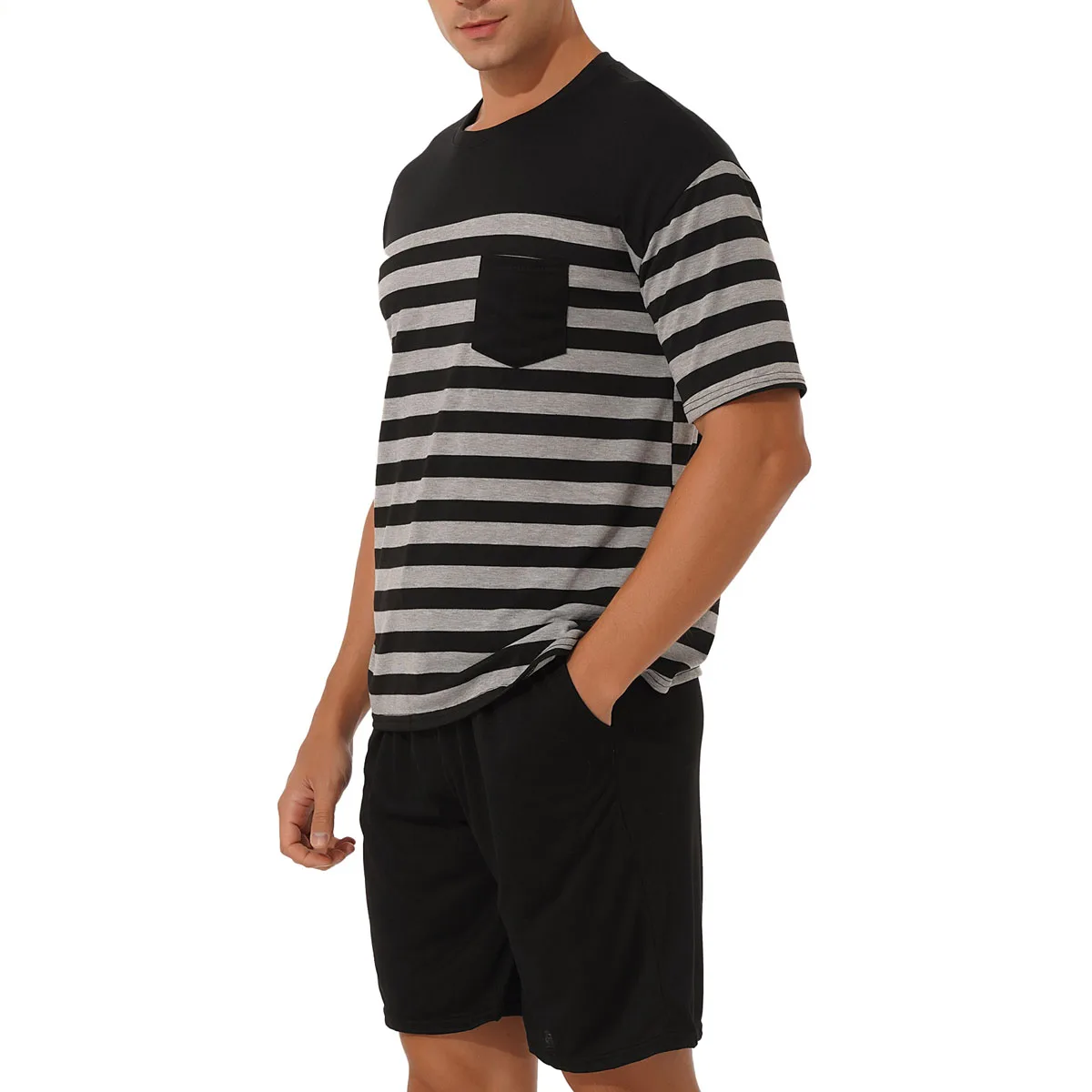 Men Striped Pajama Set Cotton Sleepwear Homewear Nightwear Round Neck Short Sleeve T-shirt with Drawstring Shorts