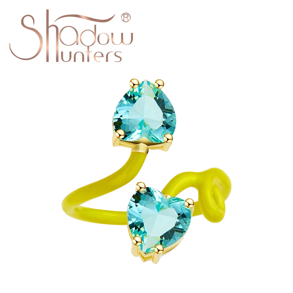 Shadowhunters prata esterlina 925 jóias amarelo esmalte anel com coração de cristal azul do mar anel de videira irregular para os amantes