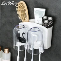 plastic dental cup set with two cups wall suction toothbrush holder set creative cute swan tooth cup rack bathroom accessories