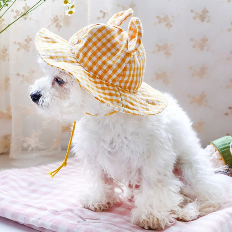 

Adjustable Chihuahua Puppy Kitten Hats Summer Bear's Ear Pet Dog Hat Lattice Dogs Caps For Dogs Cats