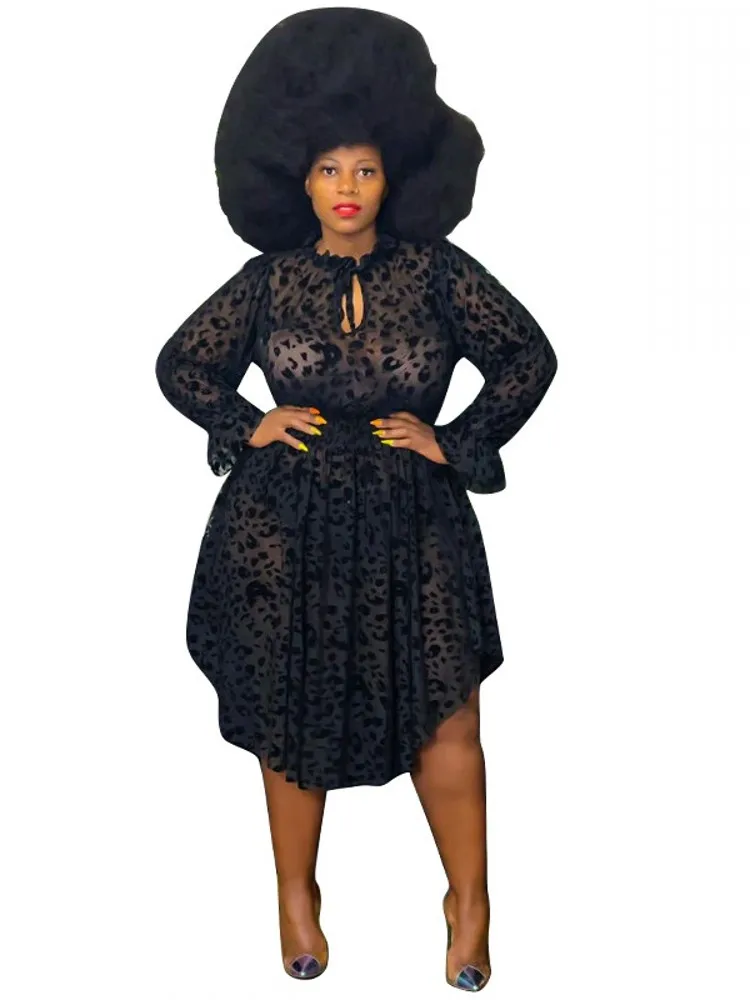 

African Dresses For Women 4XL Plus Size Ruffle Sleeve Corset Irregular Leopard Print Sexy Black Mesh Clubwear Office Lady Dress