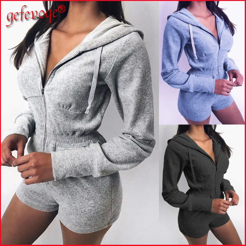

Women's Casual Fashion Long Sleeve Sports Hoodies Sexy Streetwear Rompers Slim Zipper Jumpsuit Shorts Autumn Winter Clothes 2022
