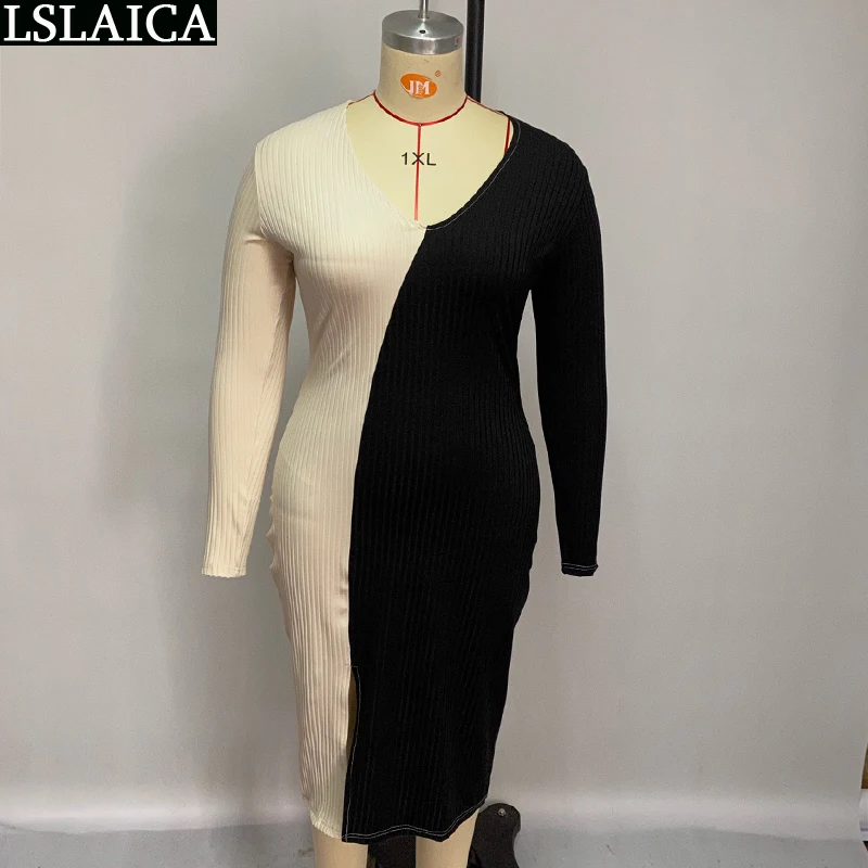 

Plus Size Dresses for Women Fashion 2020 Long Sleeve V Neck Split Maxi Dress Color Matching Autumn Slim Office Lady Ropa Mujer