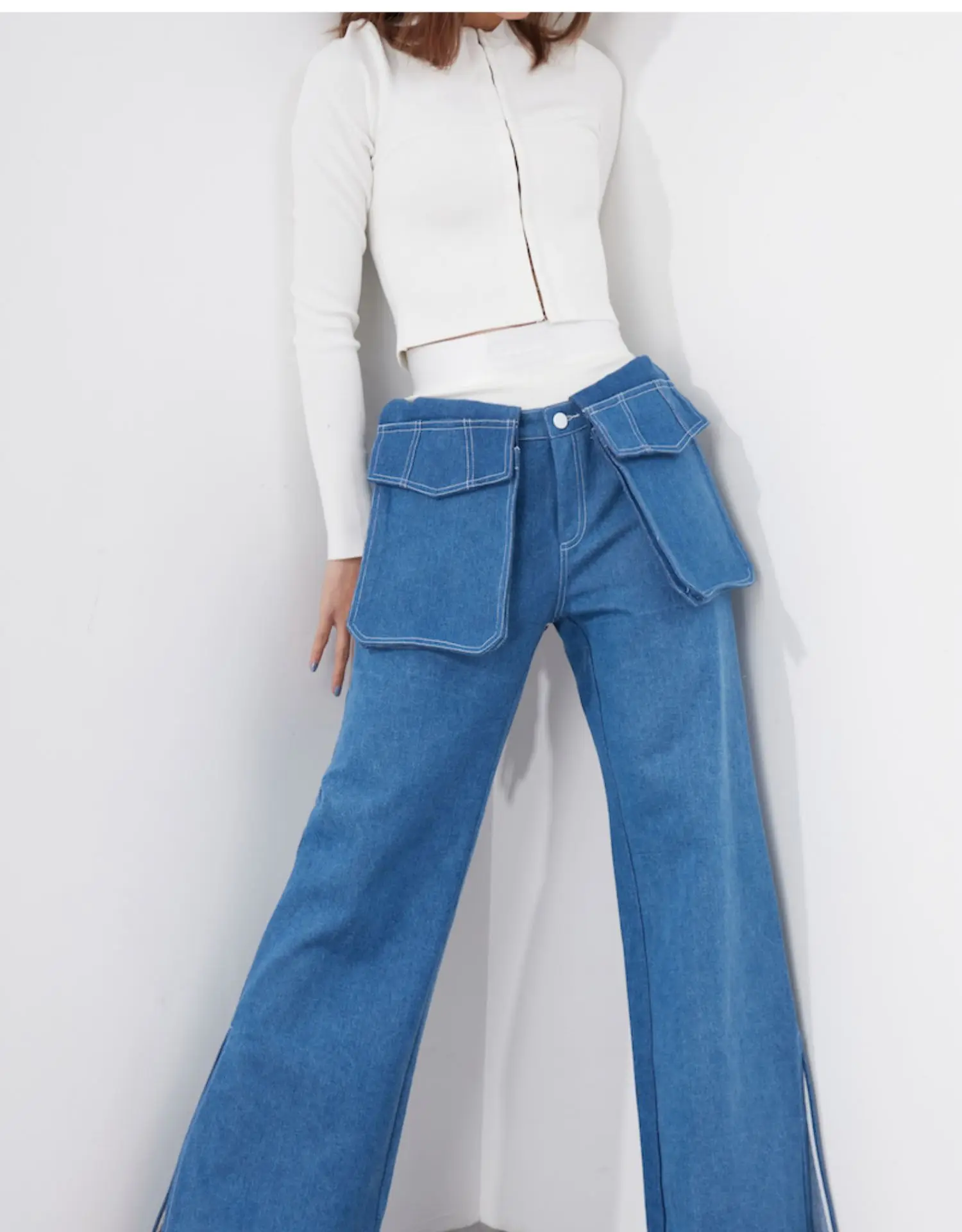 Spring New 2021 Women High Quality Pocket Denim Pants Female Casual Chic Wide Leg Jeans Lan
