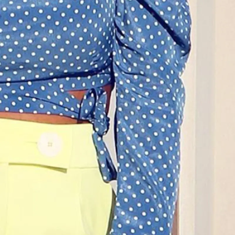 2019 осенний пышный короткий топ с длинным рукавом в синий горошек принтом для