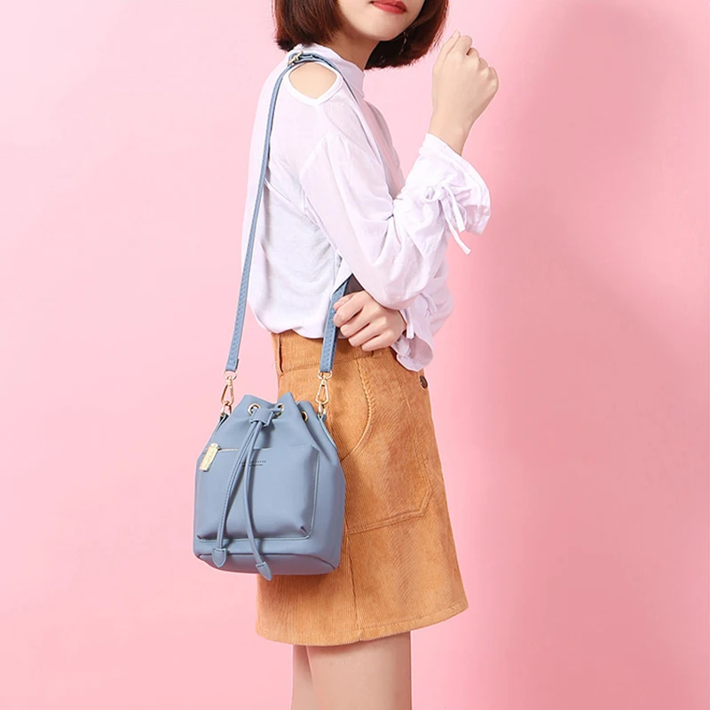 Fashion Bucket Bags Women Drawstring Handbags Women Synthetic Leather Shoulder Messenger Bag Female Crossbody Lady Elegant Purse