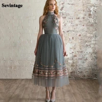 sevintage elegant lace appliques prom dresses sleeveless high neck a line evening gowns women custom special occasion dress